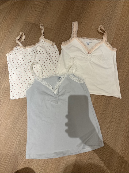 Brandy Melville Tops - Brandy Melville Lace-Trim Tank Trio in Blue, Cream & White with Pink Set Bundle